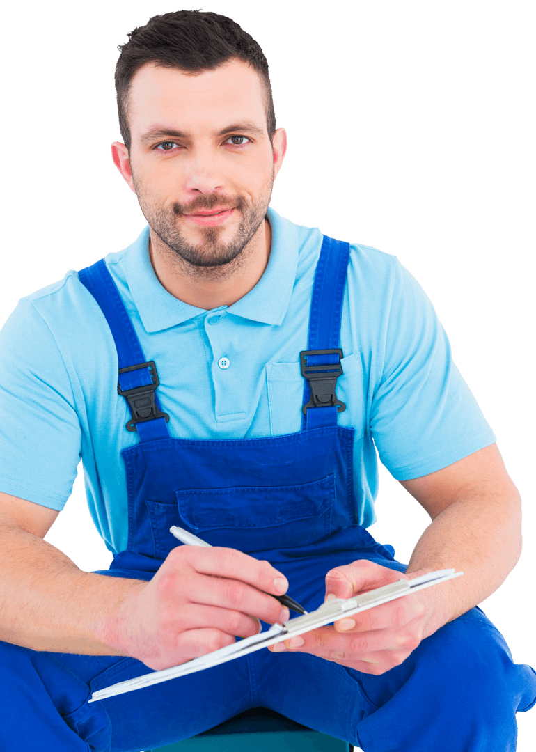 Smiling Plumber Writing on Clipboard in Blue Uniform
