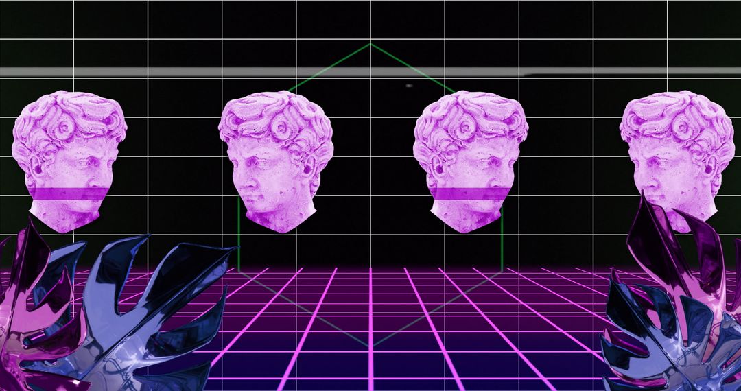 Surreal neon paradise with classical busts and geometric immersion