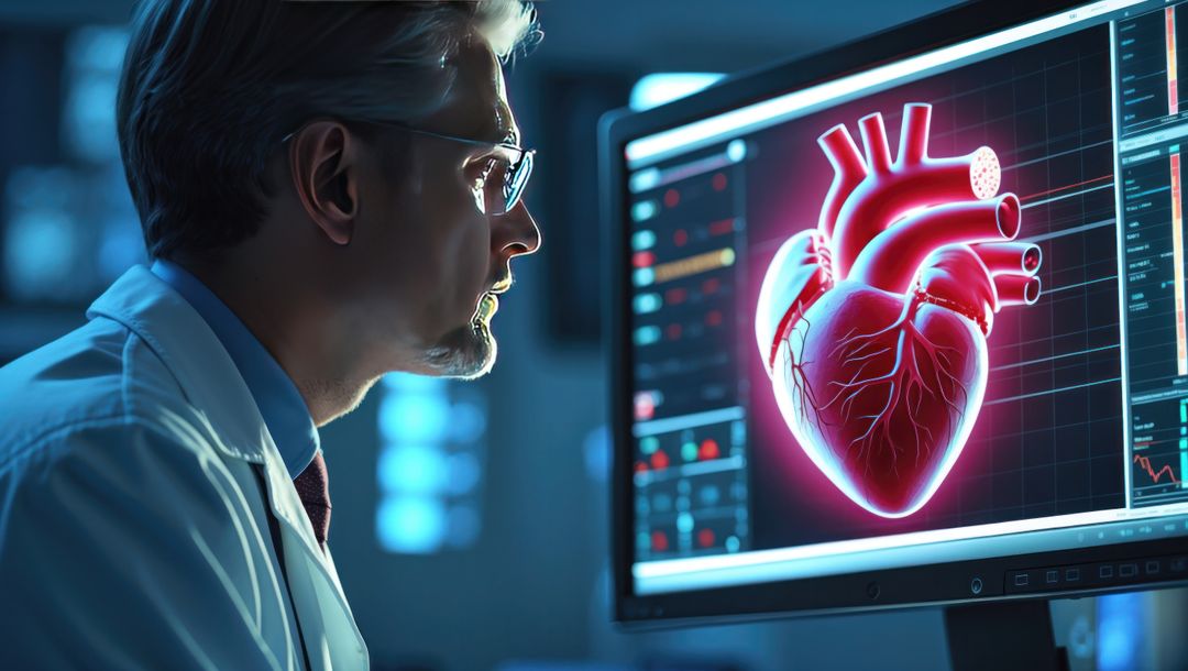 Doctor analyzing digital heart model in advanced cardiology lab, cardiovascular diseases theme