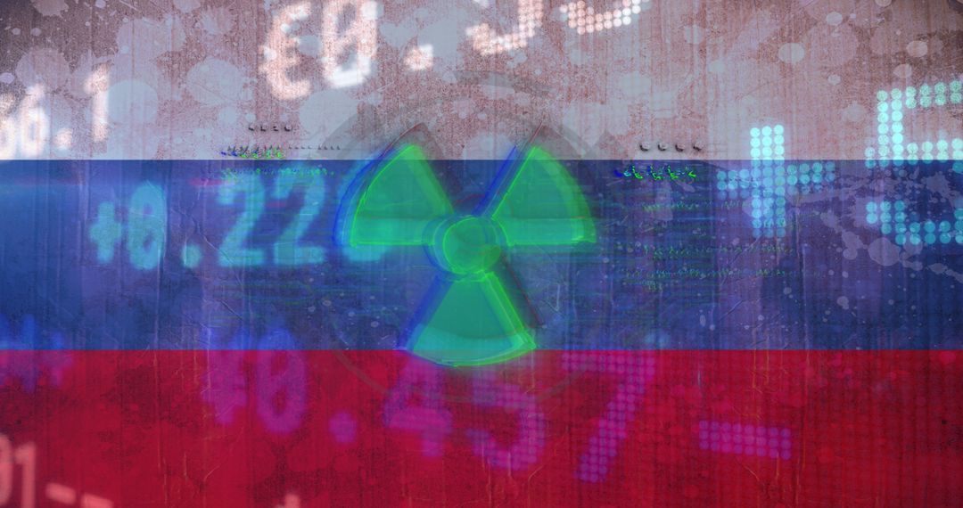Nuclear Symbol Over Russian Flag with Data Overlay Depicting Geopolitical Concerns