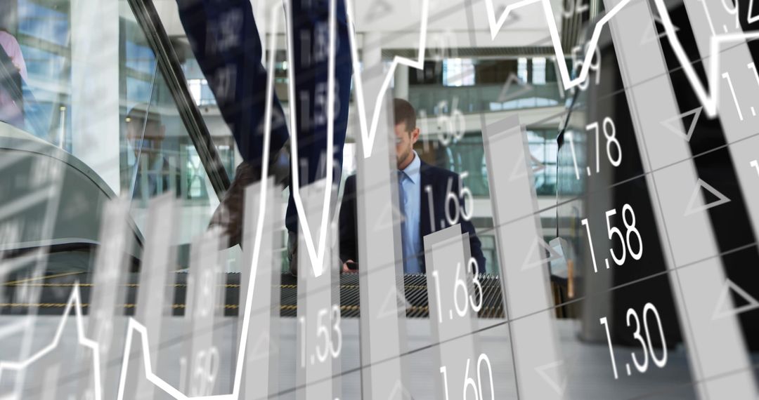 Businessman Using Smartphone on Escalator with Overlayed Financial Charts