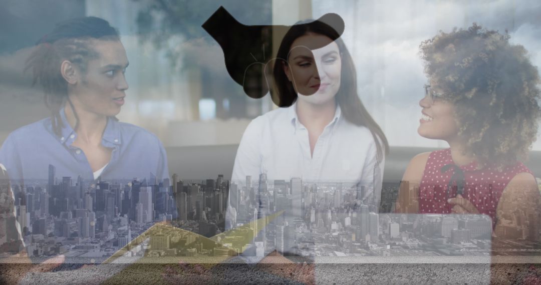Diverse Business Team in Modern Office with Cityscape Overlay