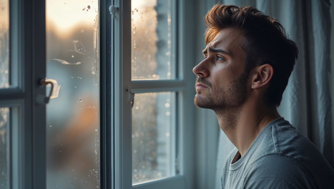 Contemplative Man Gazing Out Rainy Window in Tranquil Setting