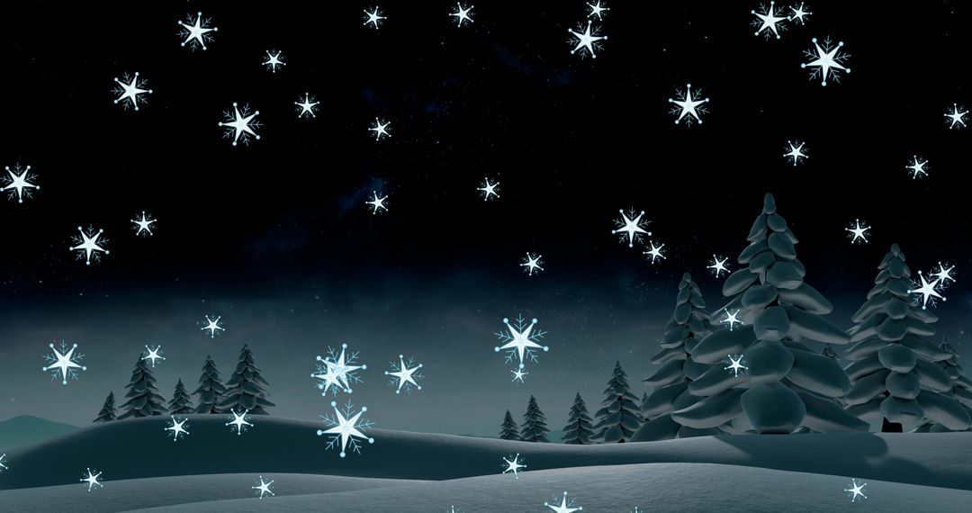 Snowflakes Falling on Winter Night Landscape Background