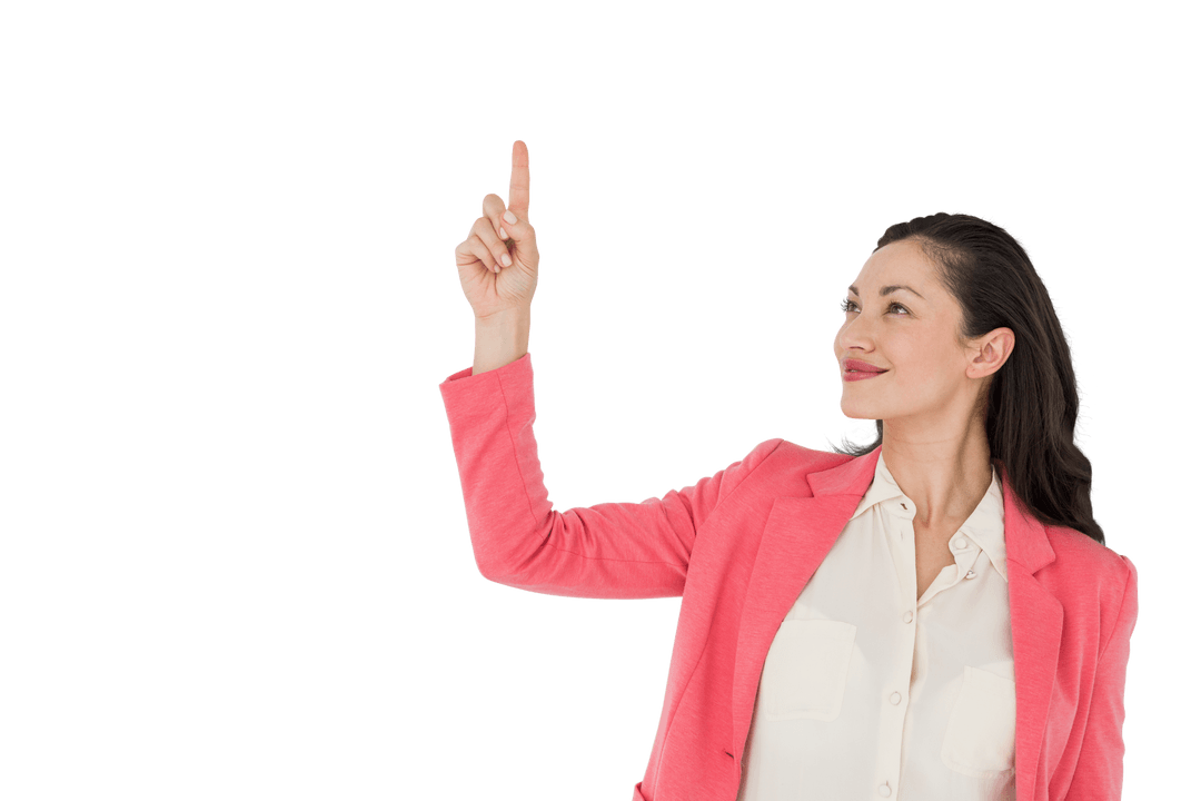 Smiling Businesswoman Pointing Finger Up on Transparent Background