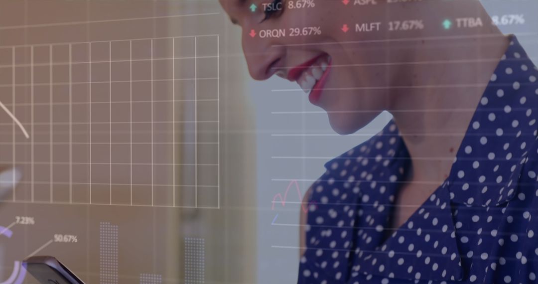 Smiling Woman Multitasking with Stocks Data Overlay