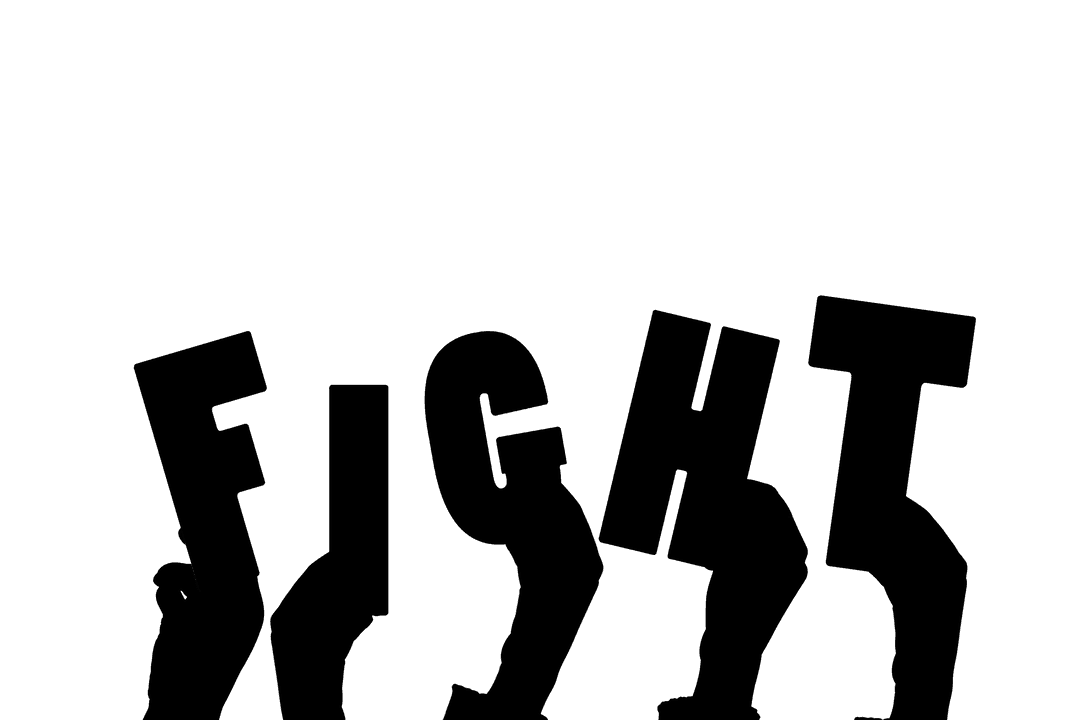 Hands Clenched in Combat Stance with Fight Text Overlay on Transparent