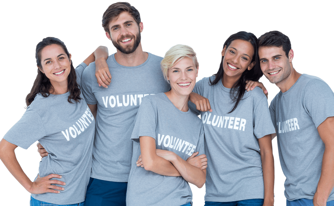 Diverse Volunteers Embracing and Smiling on Transparent Background