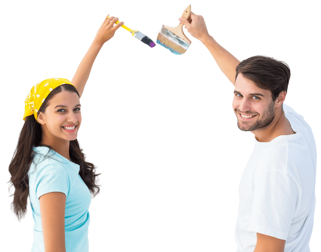 Smiling Couple Enjoying Home Renovation with Painting Tools on Transparent Background