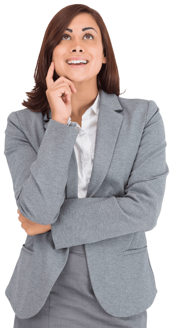 Transparent Businesswoman Smiling Upwards in Professional Suit