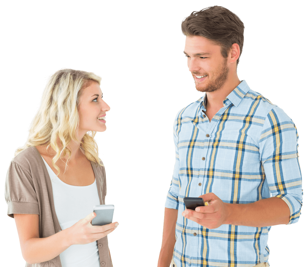 Smiling Couple Engaging with Smartphones on Transparent Background