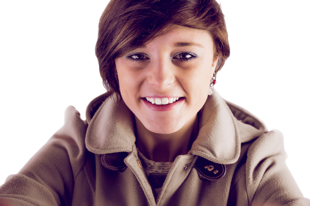 Transparent Portrait of Smiling Woman in Beige Coat