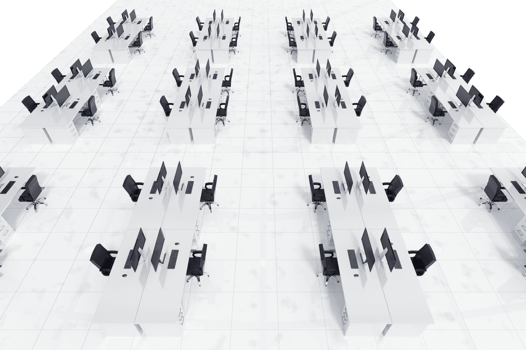 Transparent Modern Office Layout with Desks and Computers