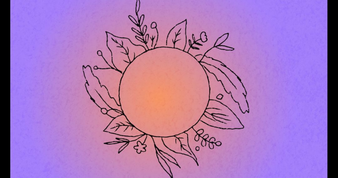 Botanical Circle with Leaves on Purple Background with Copy Space