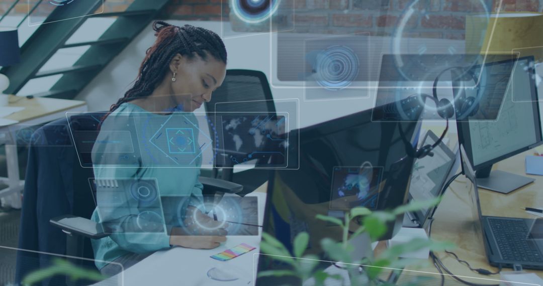 Technological Businesswoman Analyzing Financial Data in Modern Office