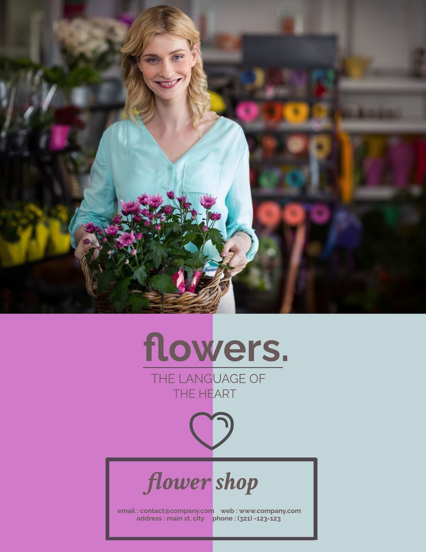 Smiling Florist Holding Flower Basket in Shop Ad Template - Download Free Stock Templates Pikwizard.com