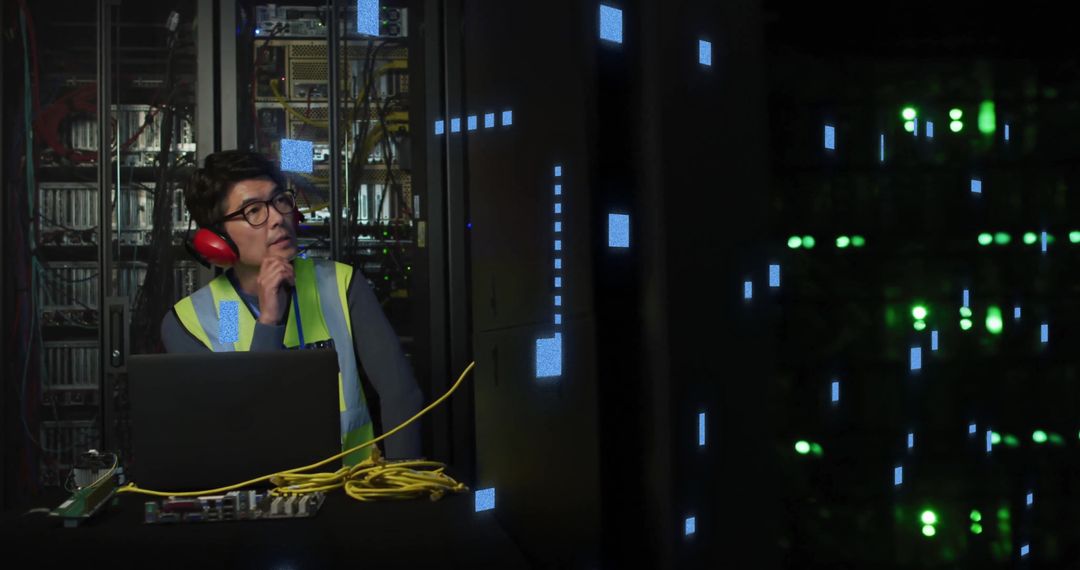 IT Engineer Analyzing Data in Server Room with Digital Interface - Free Images, Stock Photos and Pictures on Pikwizard.com