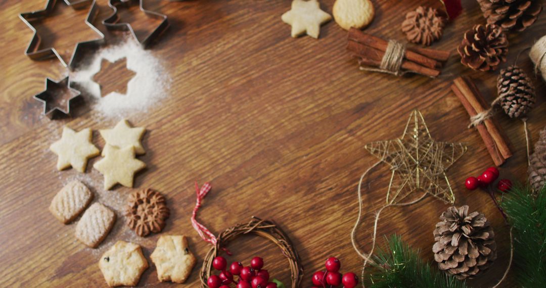 Image of christmas decorations with cookies and copy space on wooden background - Free Images, Stock Photos and Pictures on Pikwizard.com