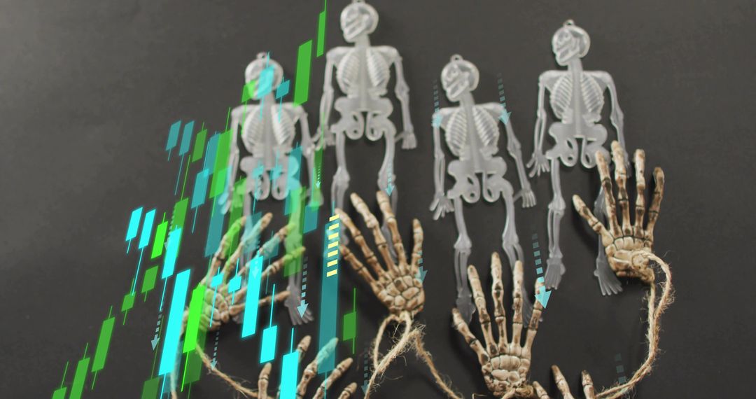 Skeleton Puppet Hands Manipulation Concept with Neon Financial Chart Overlay