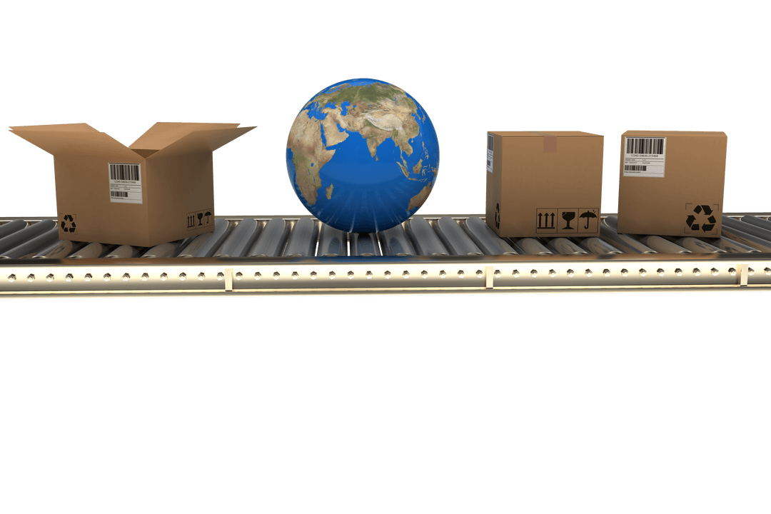 Transparent Blue Globe with Cardboard Boxes on 3D Conveyor Belt