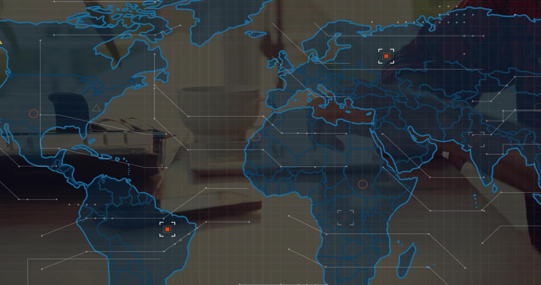 Displaying global network overlay across modern office workspace for data analytics and collaboratio