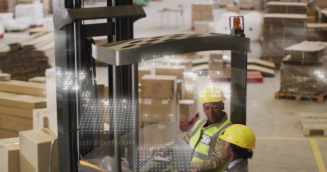 Warehouse Workers Inspecting Pallet Stack on Forklift