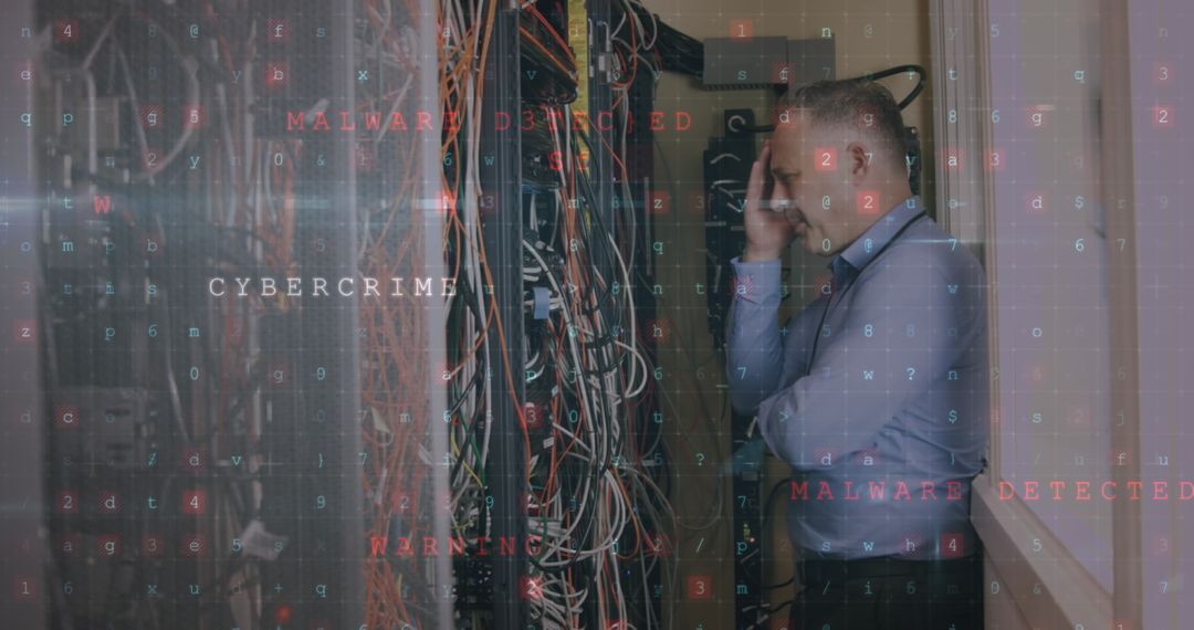 Worried Technician Facing Cybercrime Threat in Server Room
