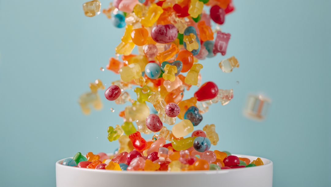 Cascading Candy: Vibrant Collection of Gummies and Jelly Beans Falling