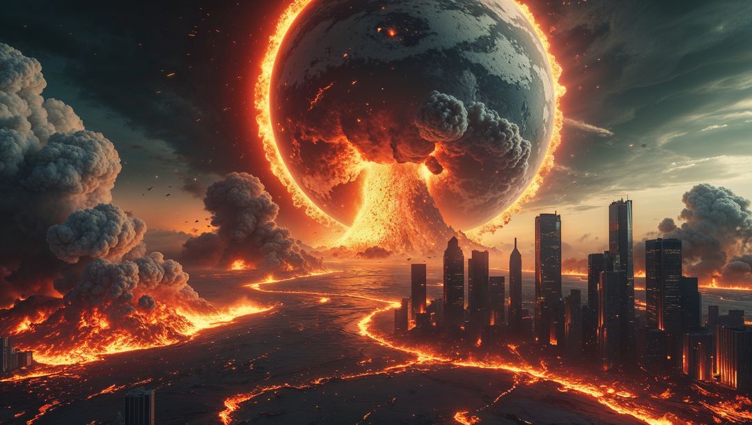 Apocalyptic Fiery Sphere Erupting Over Decimated Cityscape