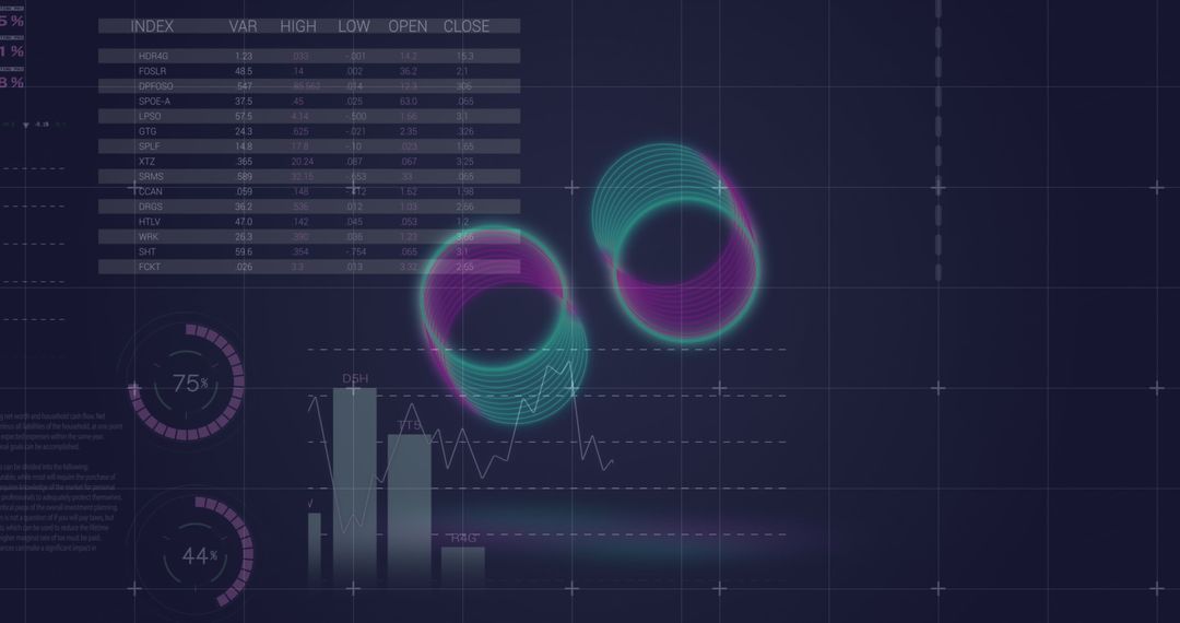 Futuristic Neon Rings with Data Processing on Blue Background