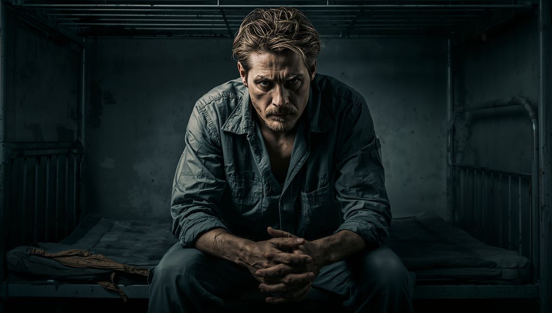 Solitary Male Prisoner Reflecting in Desolate Cell