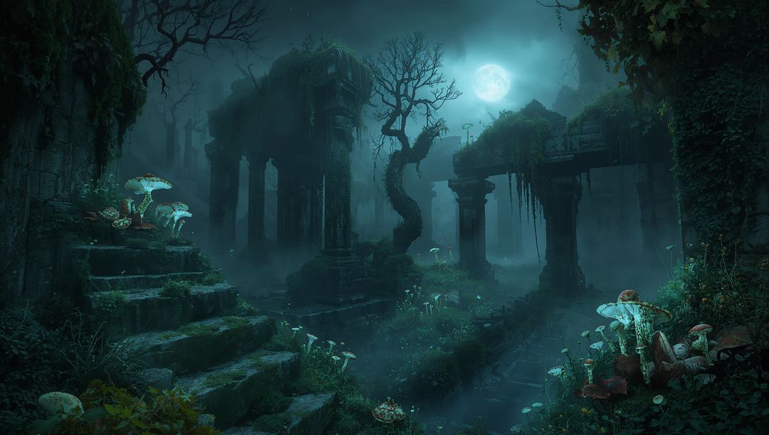 Moonlit Ruins in Misty Swamp with Mossy Steps, Gnarled Tree and Glowing Mushrooms