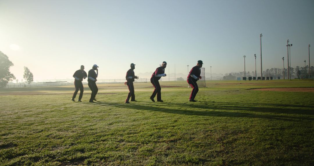 Baseball Team Practicing Fielding Drills on Early Morning Dewy Field