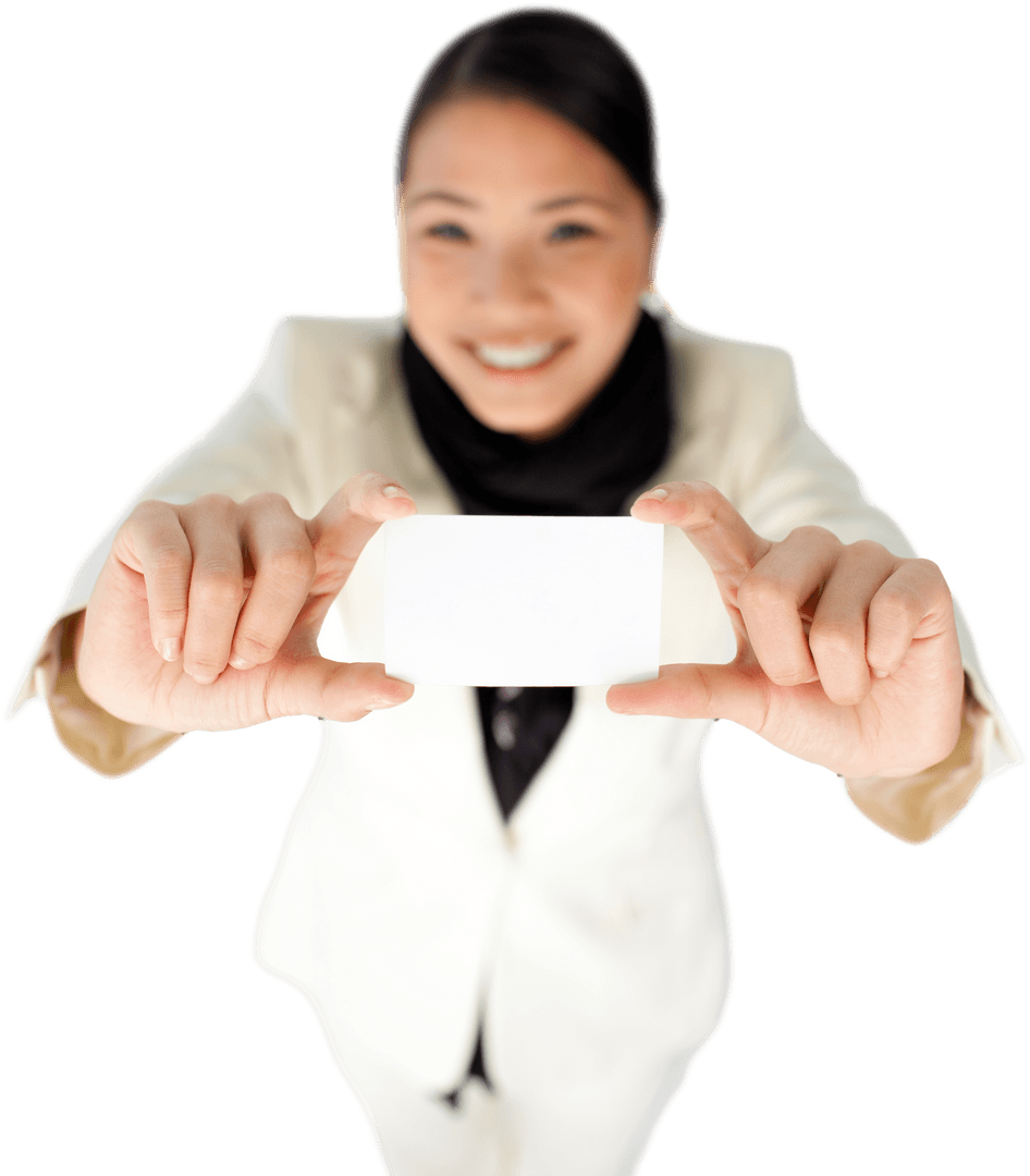 Smiling Businesswoman Holding Transparent White Card for Copy Space