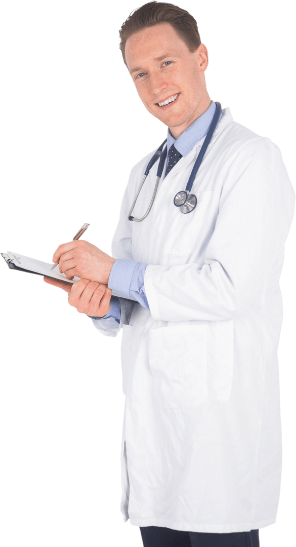 Transparent Portrait of Smiling Male Doctor with Clipboard?