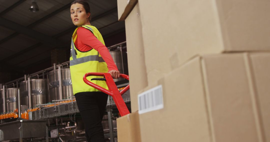 Female Warehouse Worker With Hand Pallet Truck Moving Boxes - Free Images, Stock Photos and Pictures on Pikwizard.com