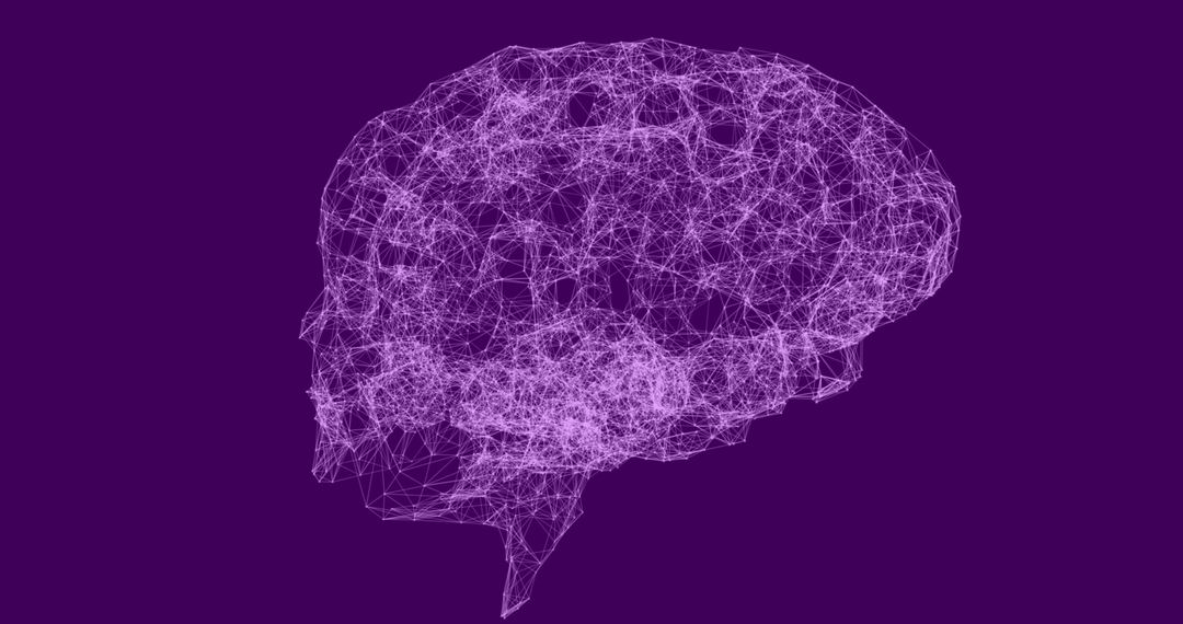 Digital Wireframe Brain with Data Network Design on Purple Background