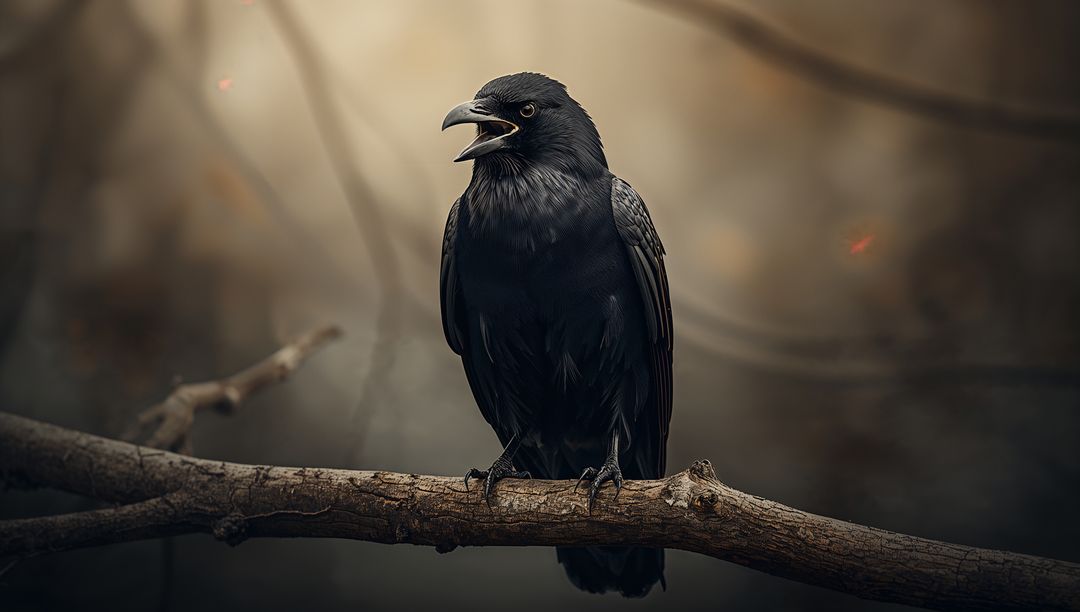 Mystical Black Crow in Misty Forest on Twisted Branch