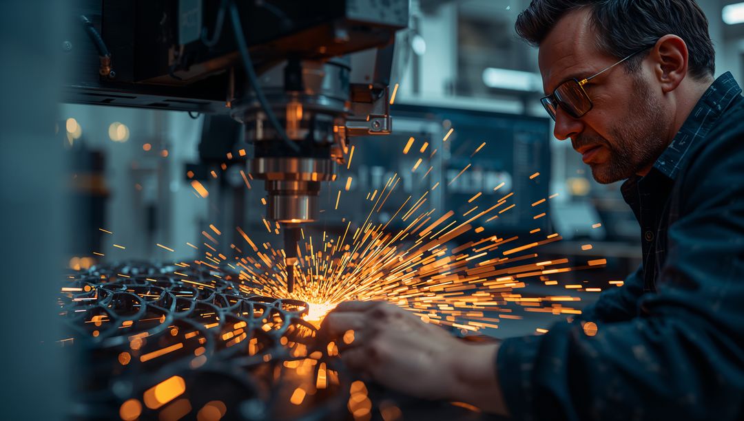 Machinist Guiding Workpiece Under CNC Equipment with Spark Showers