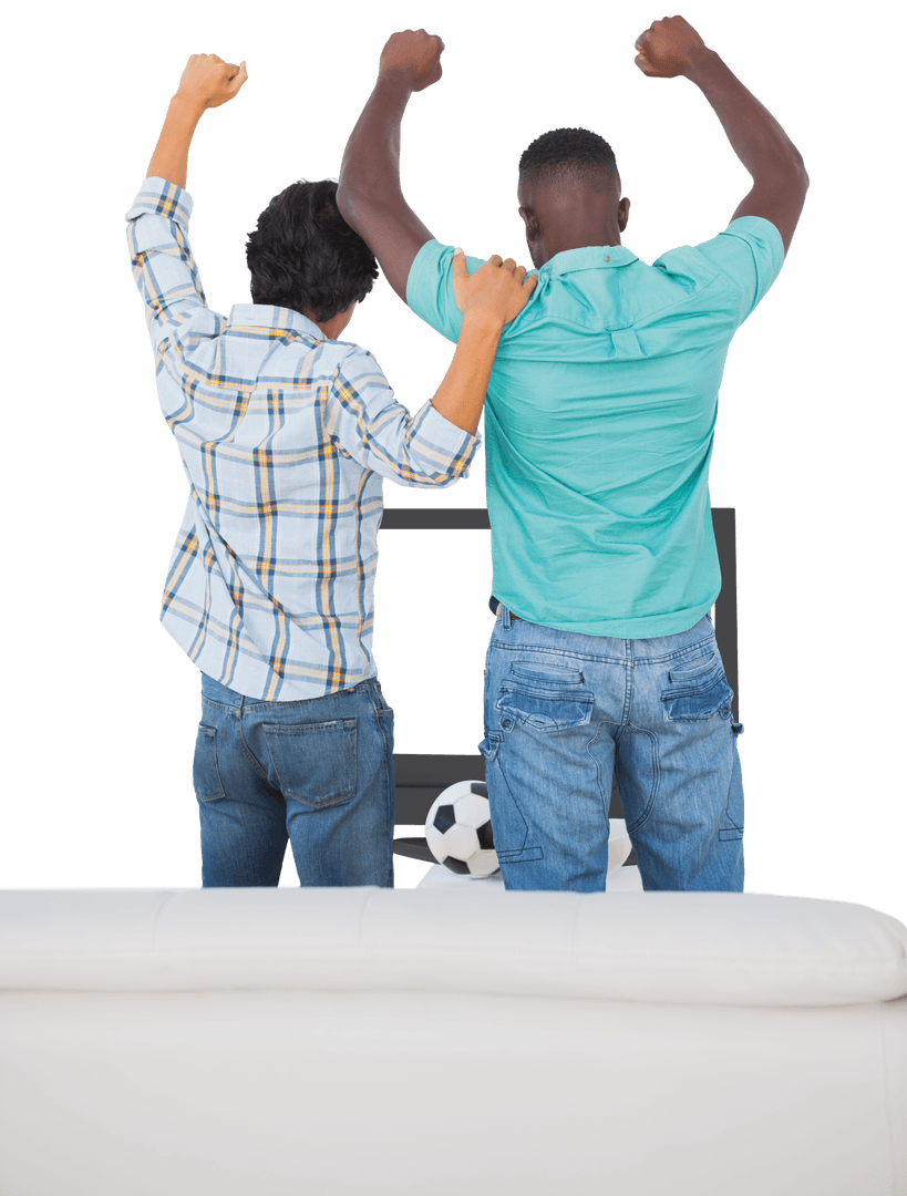 Diverse Friends Cheering While Watching Television with Transparent Background
