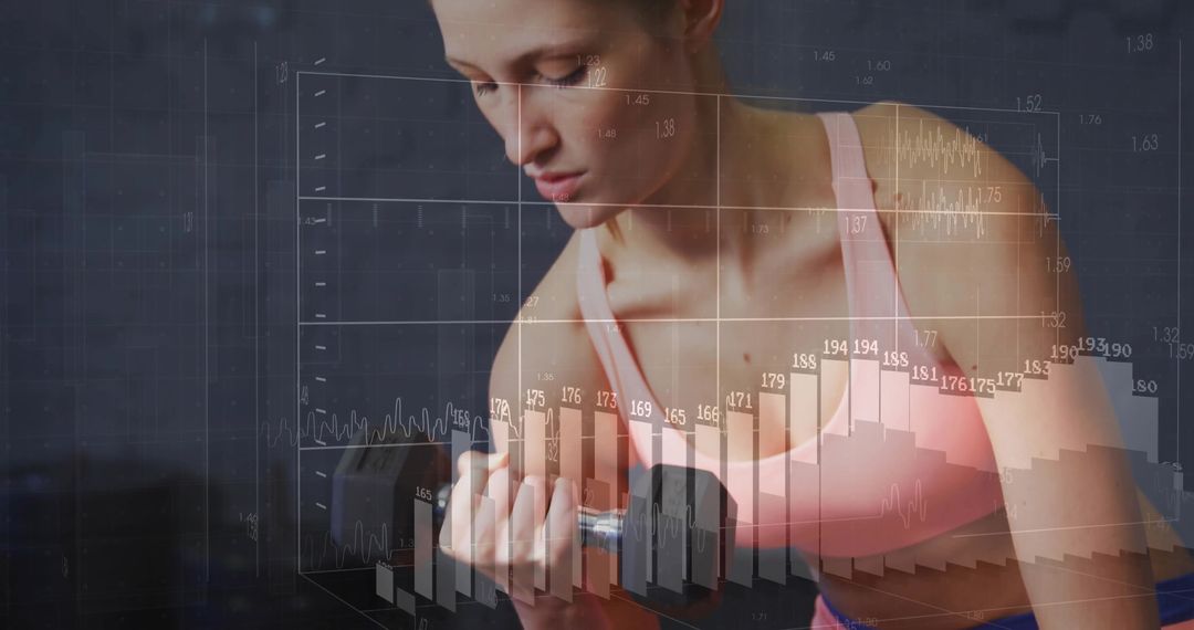 Woman Curling Dumbbell with Data Overlay Demonstrating Fitness Statistics
