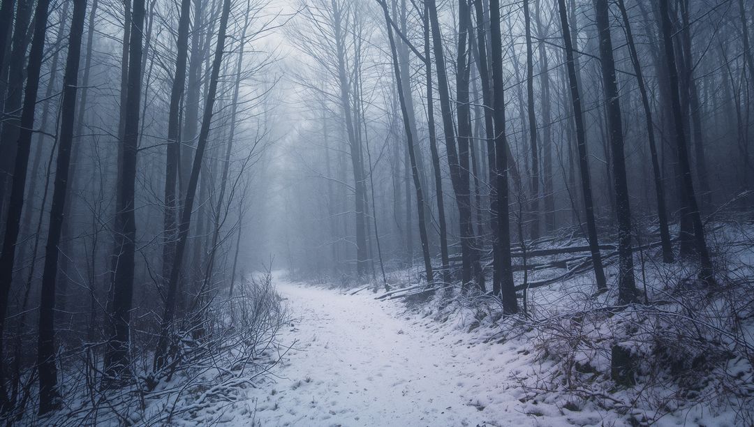 Misty Winter Forest Trail with Bare Trees and Snow