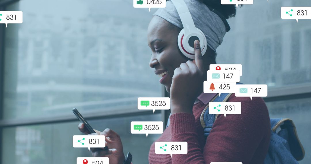 Engaged Woman with Smartphone and Social Media Notifications Overlay