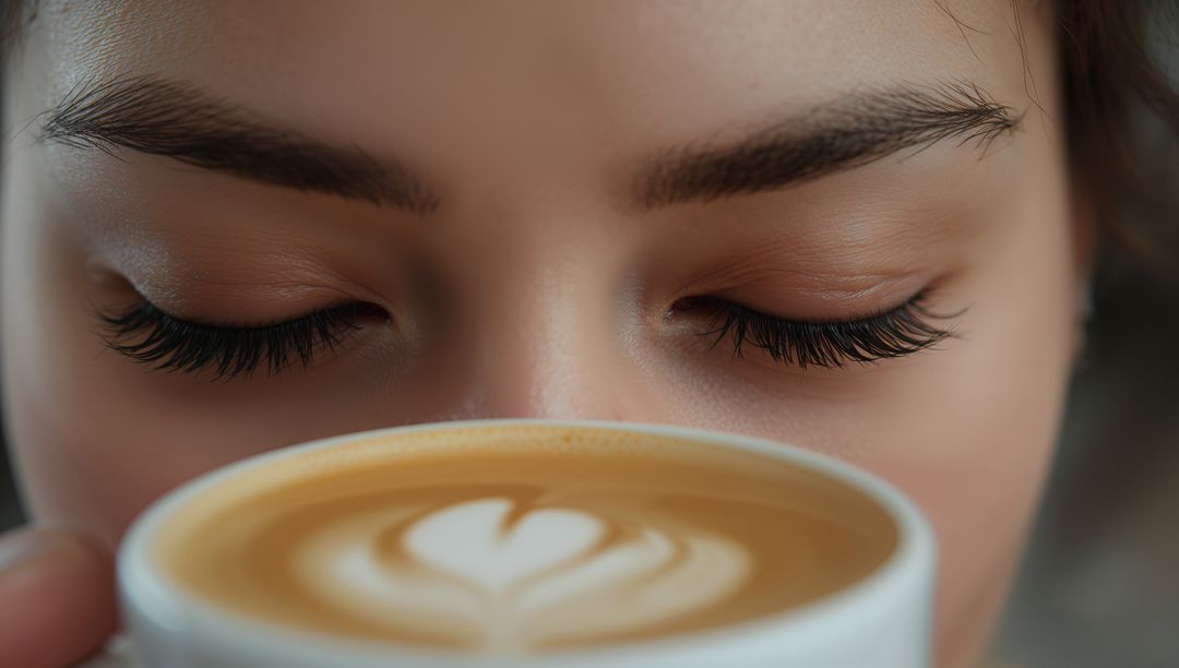 Asian woman inhaling latte aroma with heart latte art closeup, long lashes morning calm