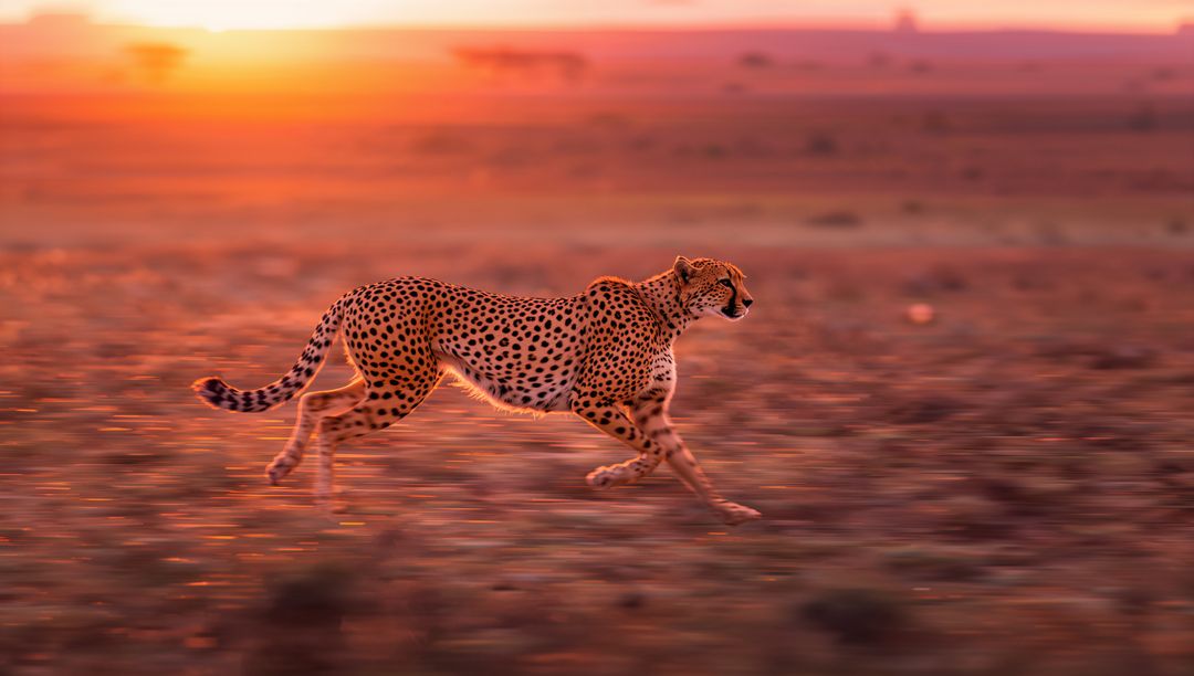 Cheetah Sprinting in Glowing Savannah Sunset