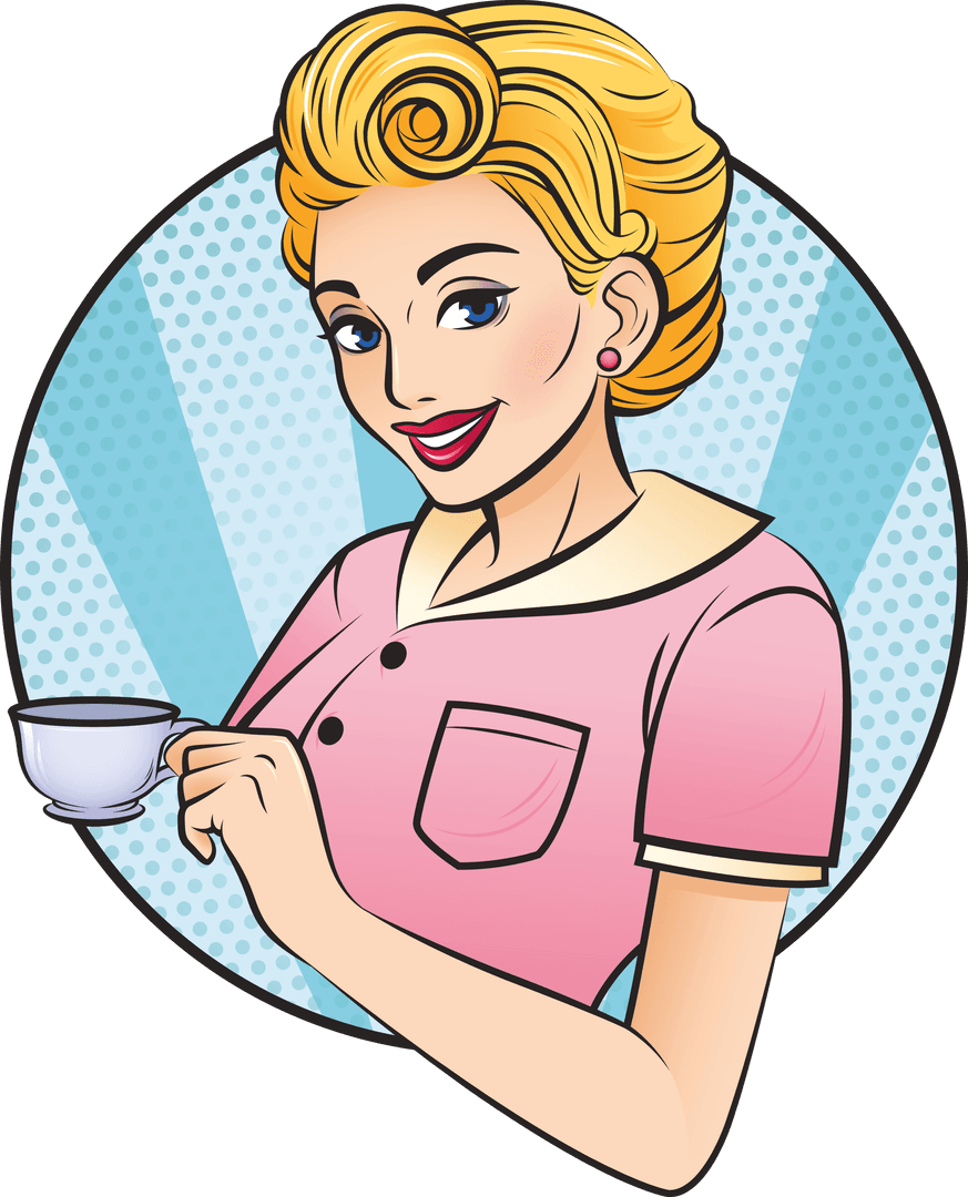 Retro Woman Enjoying Coffee on Transparent Background
