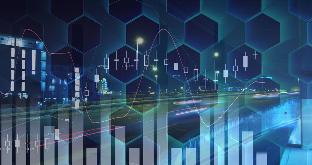 Futuristic Financial Analytics with City Nightscape Backdrop