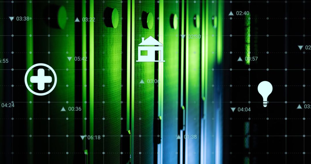 Digital Icons Overlay on Server Blades Technology Background