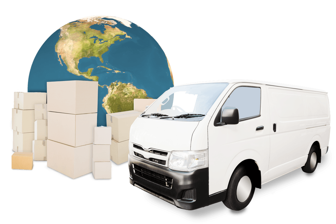 Global Delivery Concept with Van and Boxes on Transparent Background