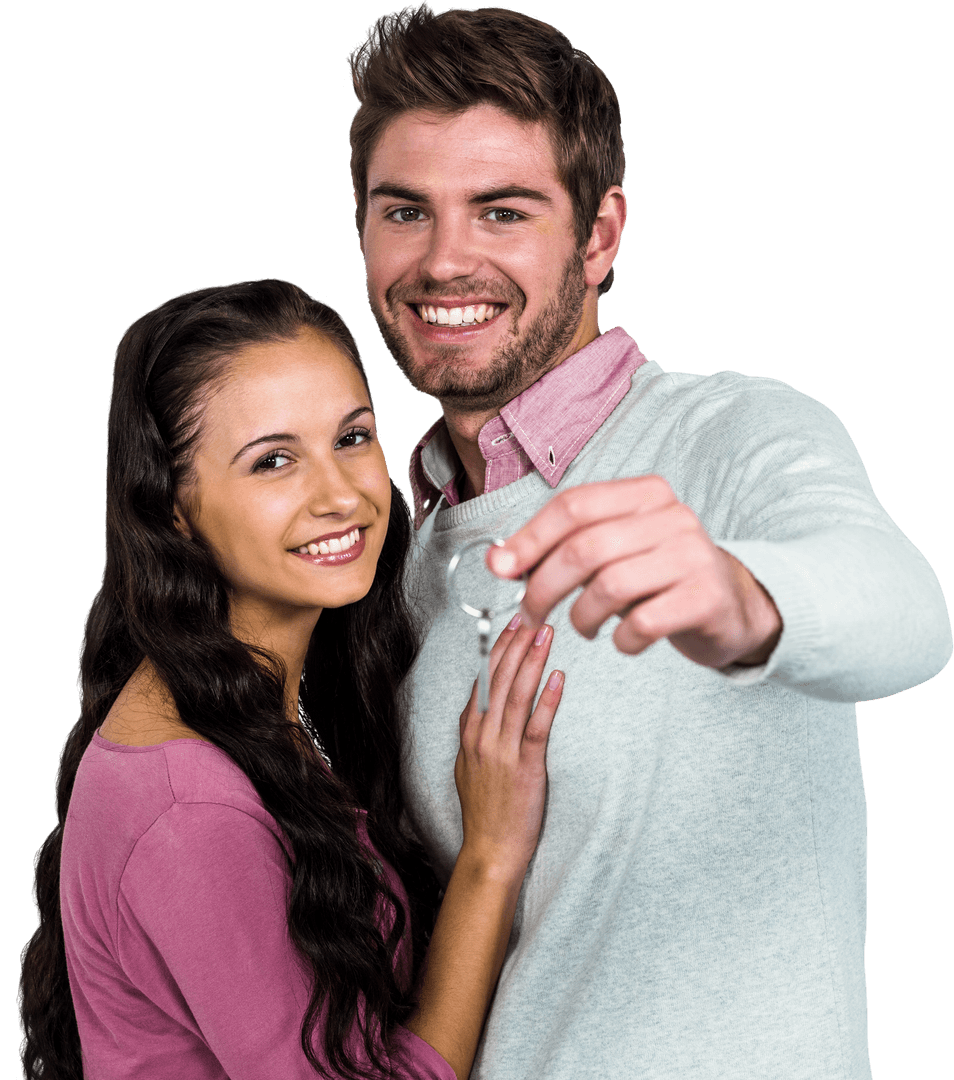 Cheerful Couple Holding Keys on Transparent Background